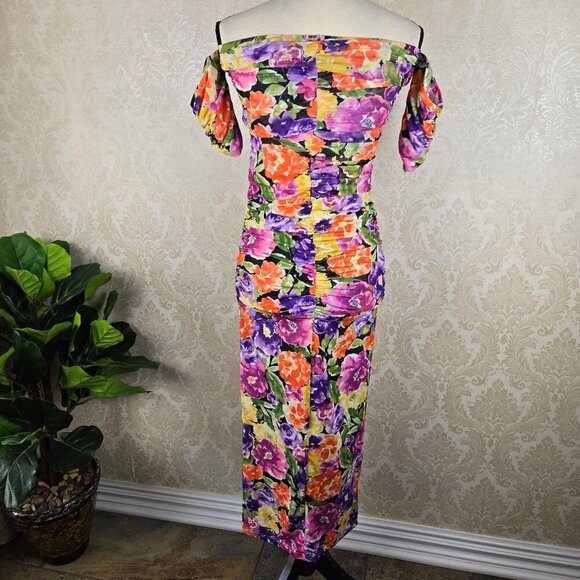 Endless Blu Luxe Size Small Ruched Floral Midi Dress Off the Shoulder Sleeve NWT - Picture 8 of 16